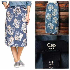 GAP Midi Skirt L Blue Floral Satin Elastic Waist Drawstring Lined
